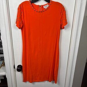 Carmen Marc Volvo orange gold studded t-shirt dress knee length. Size S